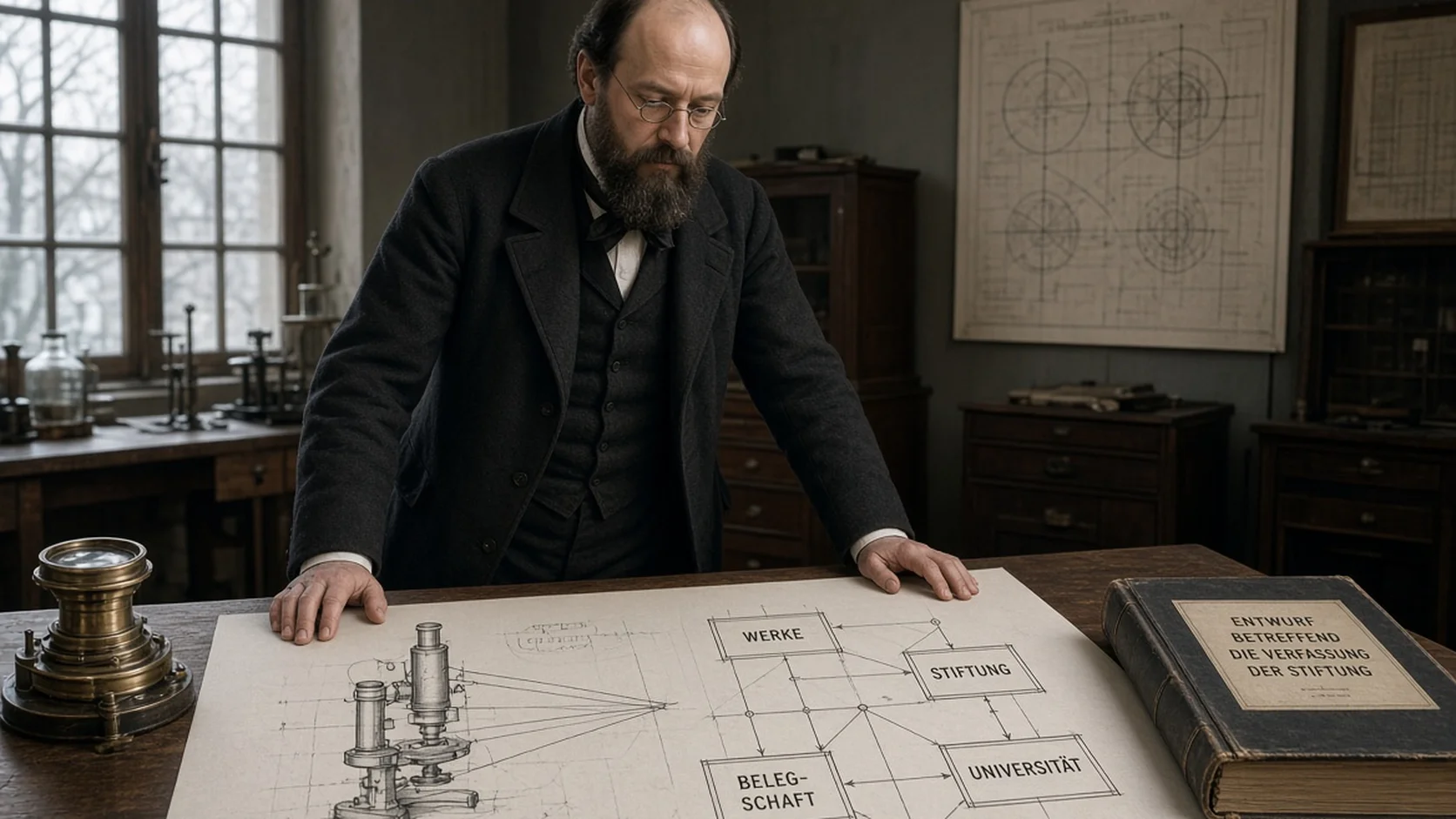 Bearded Victorian-era scholar in black coat leans intently over a large organizational flowchart beside an antique lens and German-titled book in a dim study.