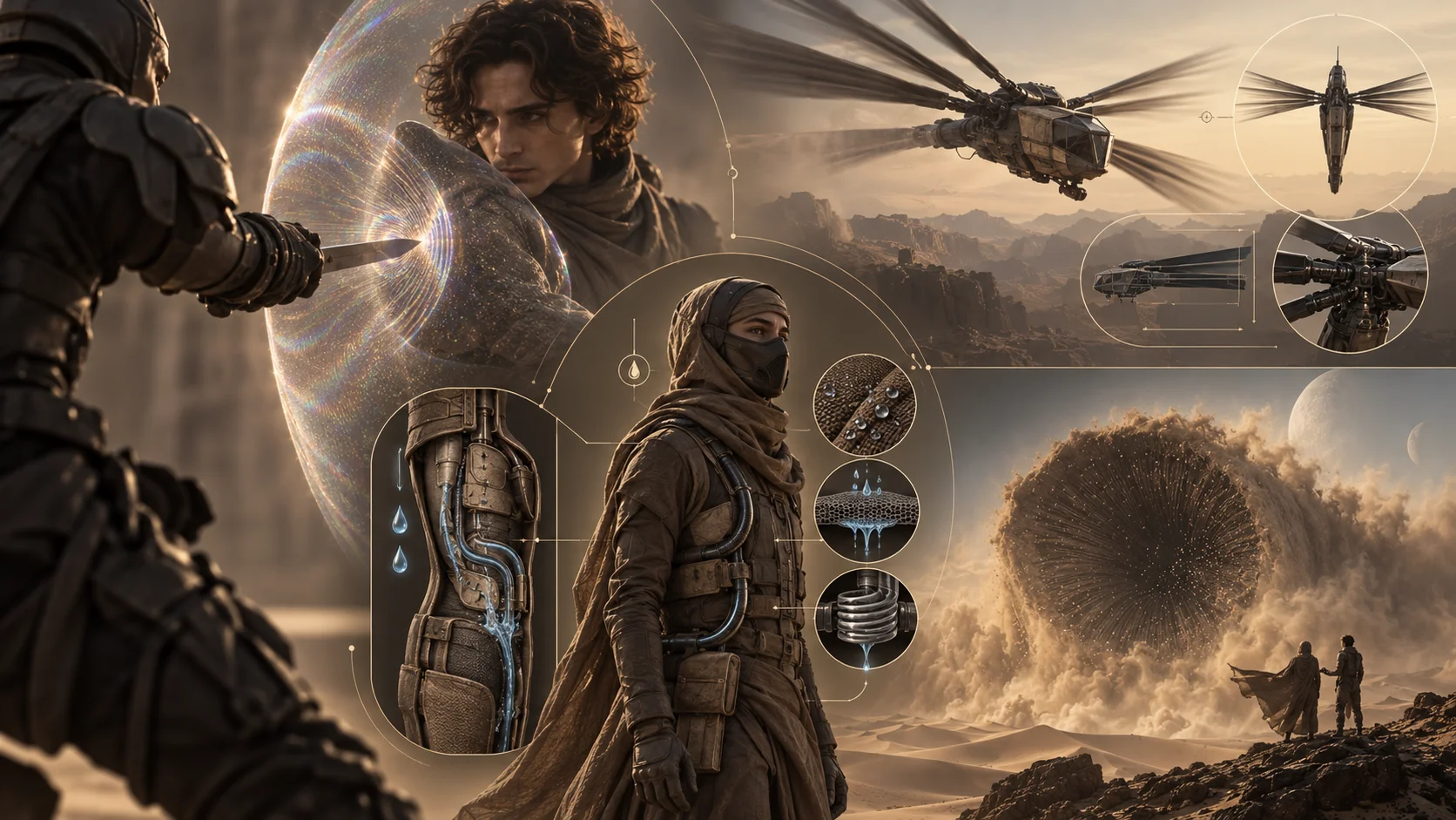 Sci-fi collage featuring desert warriors, a dragonfly aircraft, stillsuit water-recycling diagrams, and a massive sandstorm on an arid alien world.