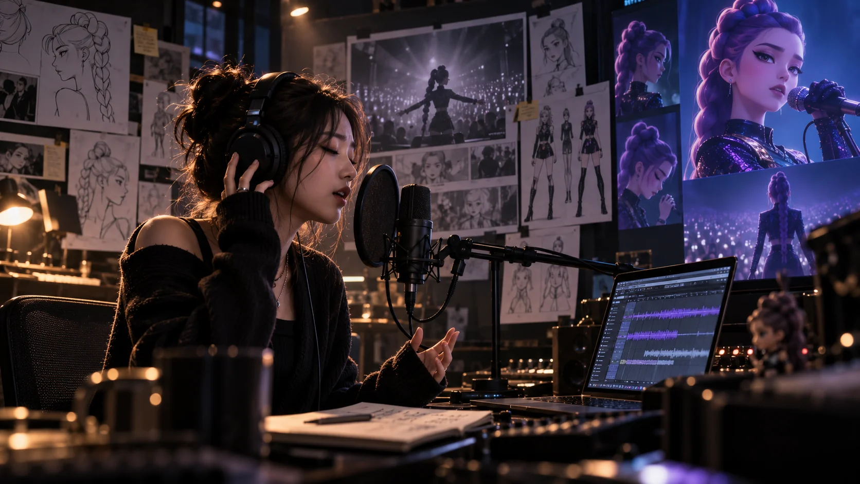 Woman in headphones recording at a studio mic, surrounded by anime character sketches and concert renders glowing in moody purple and gold light.