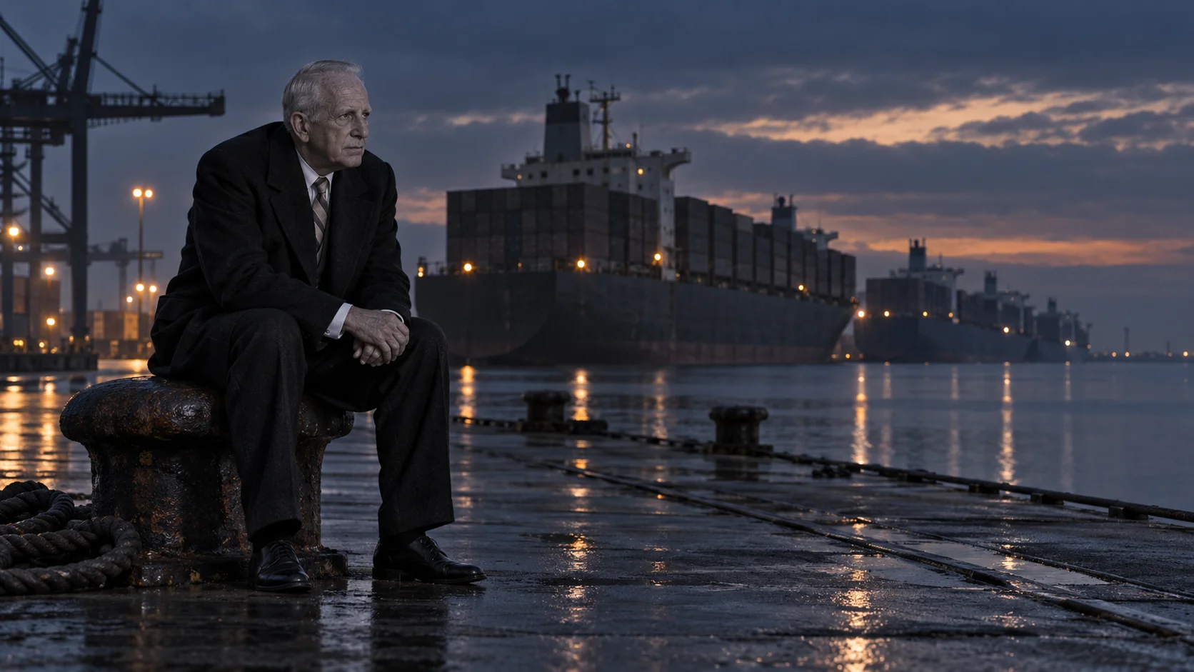 Suited older man sits pensively on a harbor bollard at dusk, massive container ships and port cranes looming behind him on wet, rain-slicked docks.