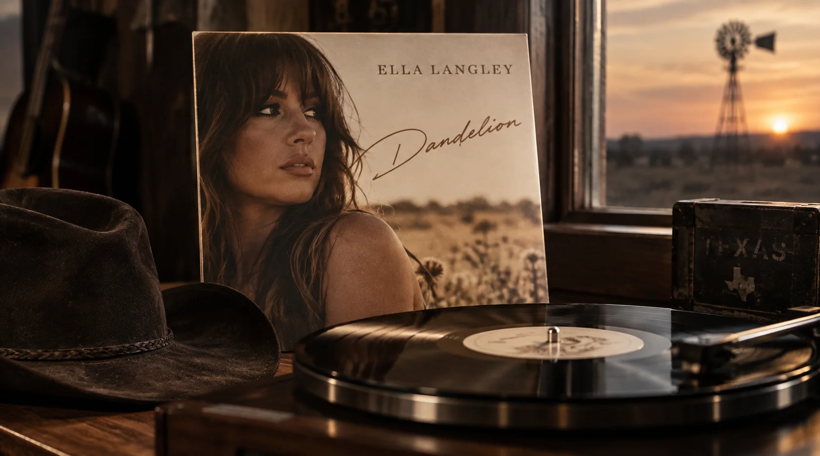 Ella Langley's Dandelion vinyl rests on a turntable beside a weathered cowboy hat, with a golden prairie sunset and windmill visible through a rustic window.