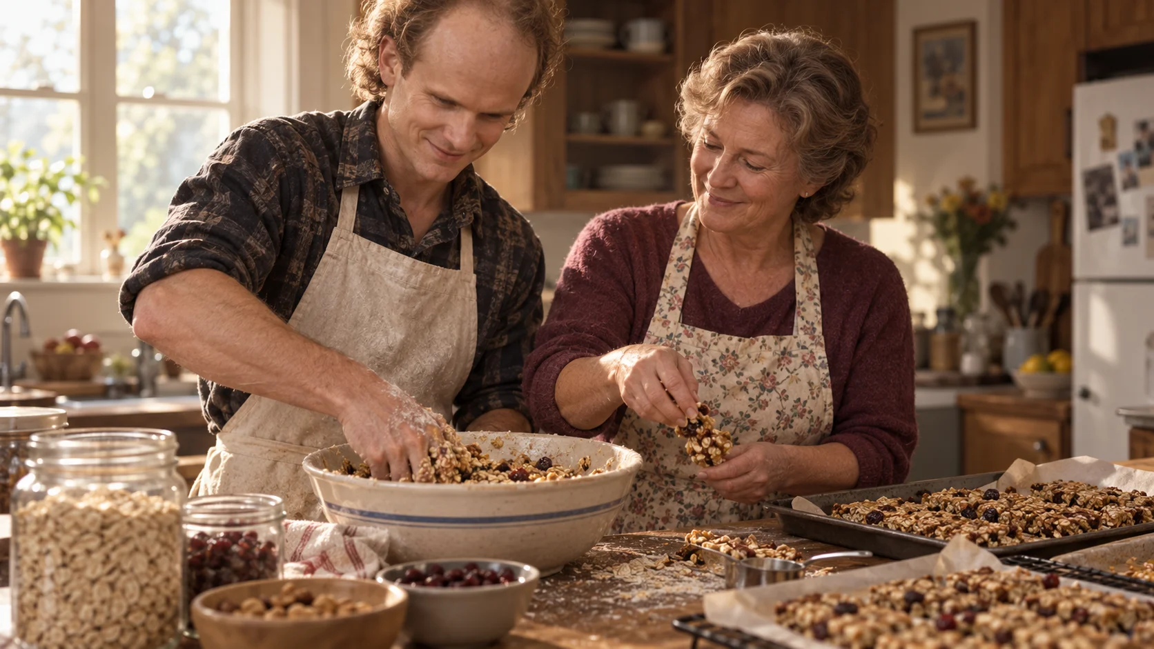 Two apron-clad people smile warmly while mixing granola by hand in a sunlit, rustic kitchen surrounded by oats, nuts, and baking trays.