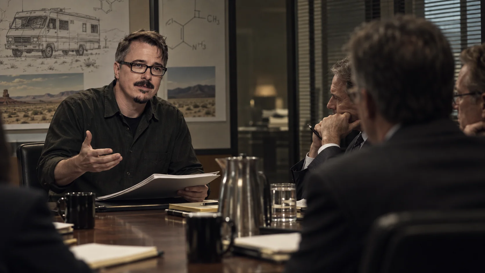Bespectacled man in dark shirt gestures while holding papers at a dim boardroom table, facing suited listeners beneath a desert landscape mural.