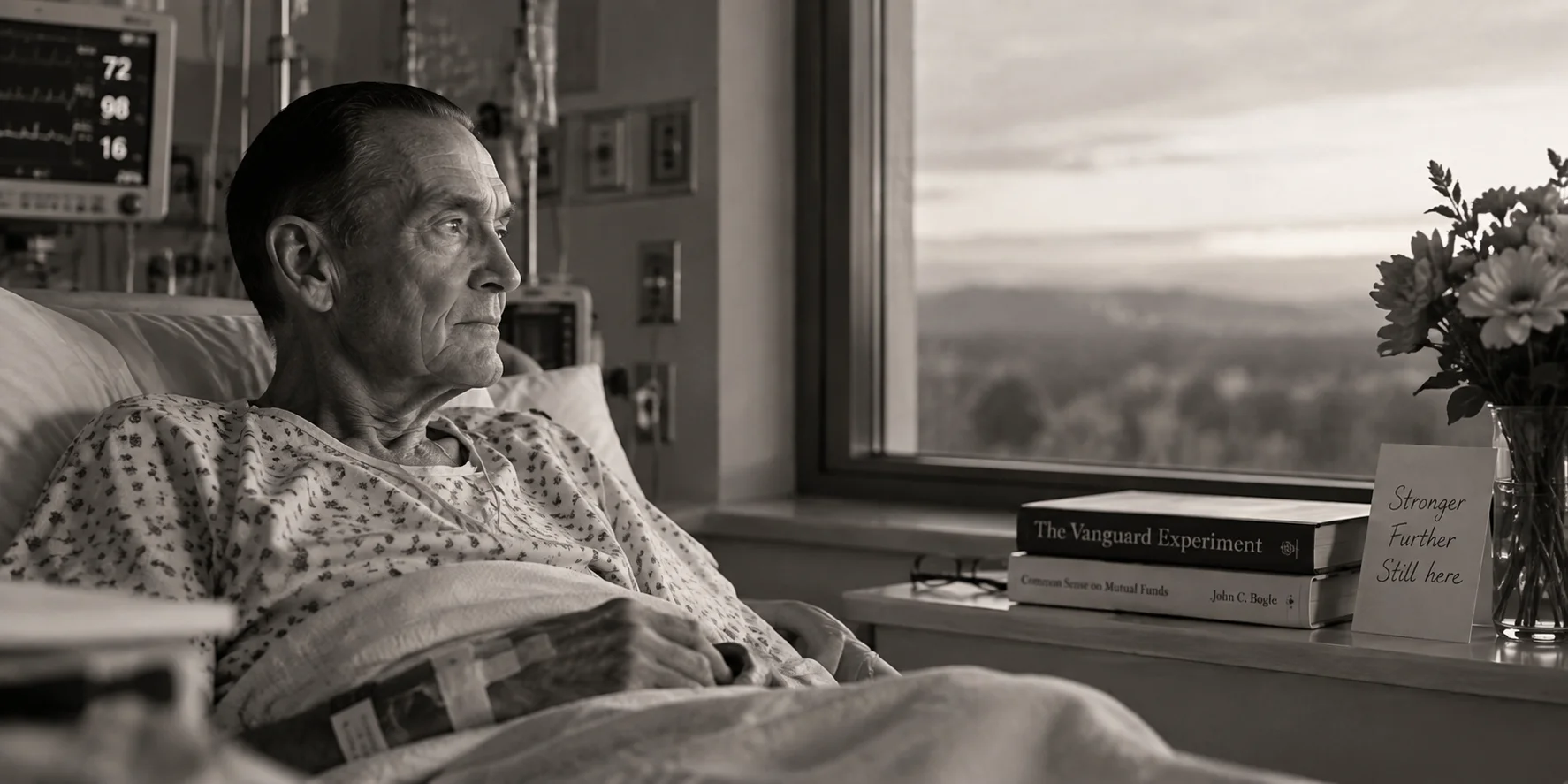 Elderly man in a hospital gown gazes out a window beside stacked finance books, flowers, and a card reading "Stronger, Further, Still here.