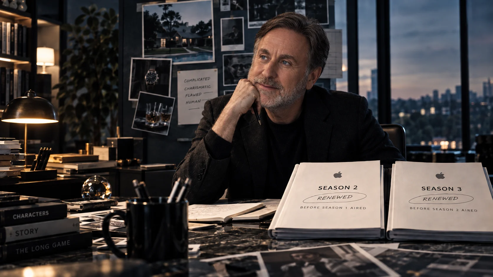 Man seated at a moody, cluttered desk with two Apple TV+ scripts marked "Season 2 Renewed" and "Season 3 Renewed," gazing thoughtfully at a city skyline at dusk