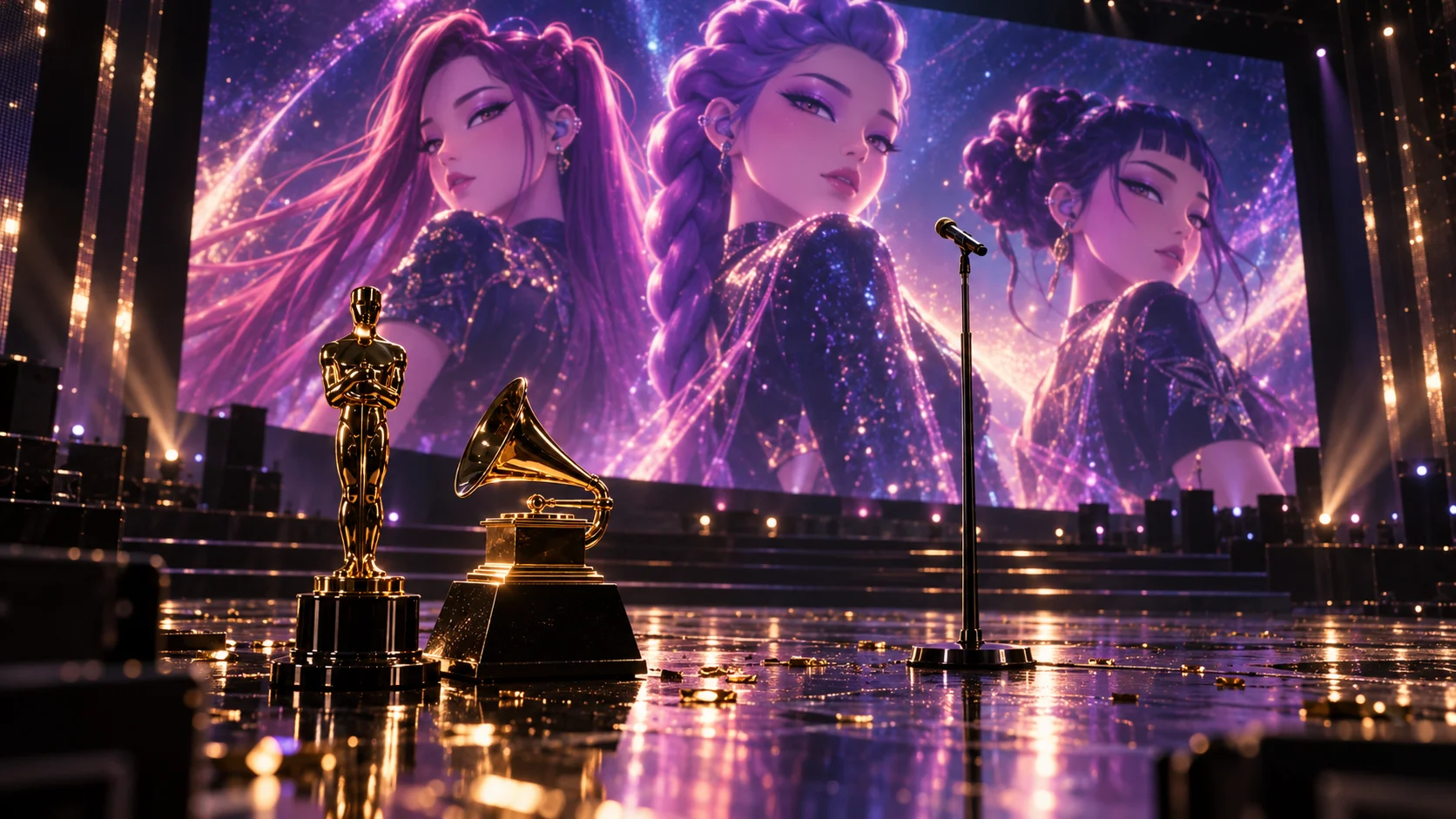 Golden Oscar statuette and Grammy trophy on a reflective stage before a glowing screen displaying three anime-style singers in a purple cosmic backdrop.