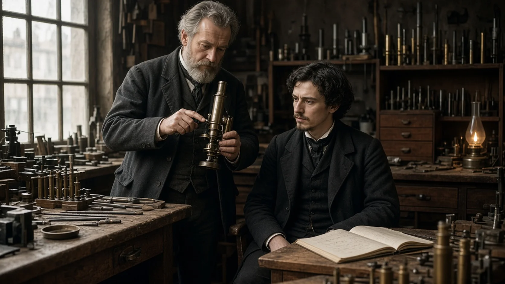 Older bearded man in Victorian dress examines a brass microscope beside a younger seated man with an open notebook, in a dim workshop cluttered with instruments