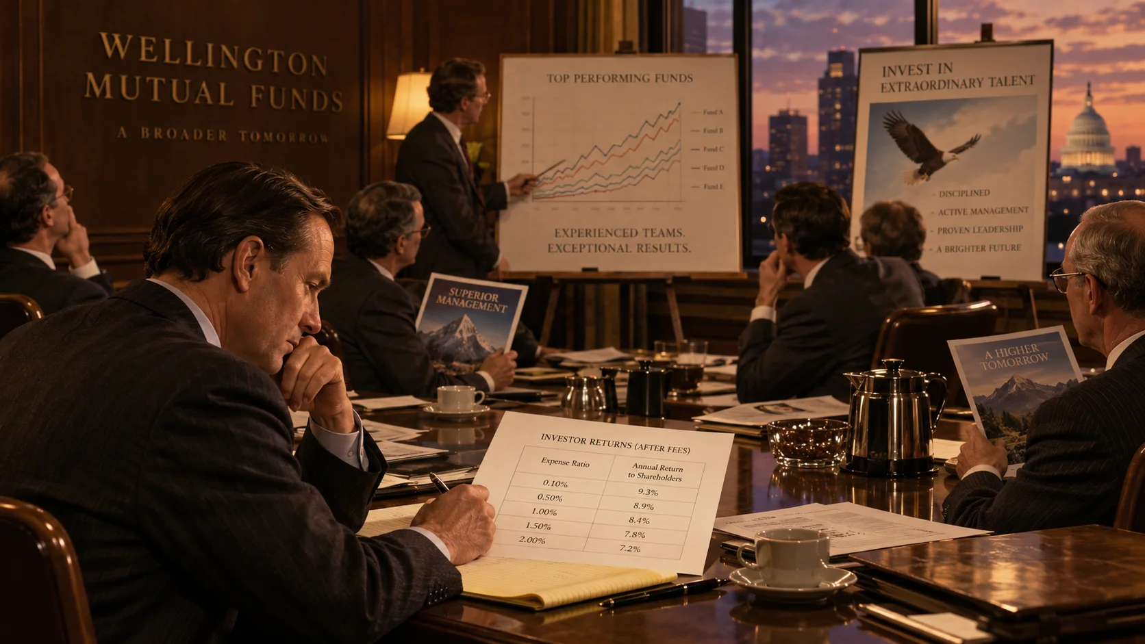Suited executives in a wood-paneled boardroom study fund performance charts and fee tables under warm lamplight, framed by a dusk city skyline.
