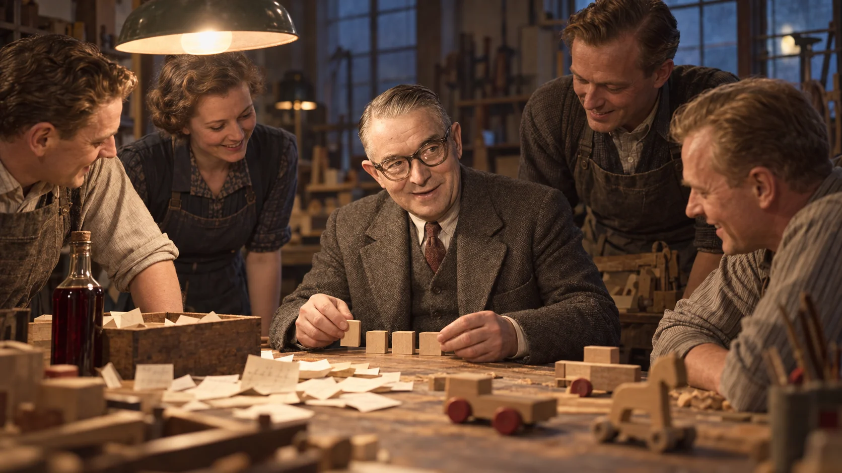 Five people in vintage workshop attire huddle warmly under a pendant lamp around a table scattered with wooden toy blocks and handwritten notes.