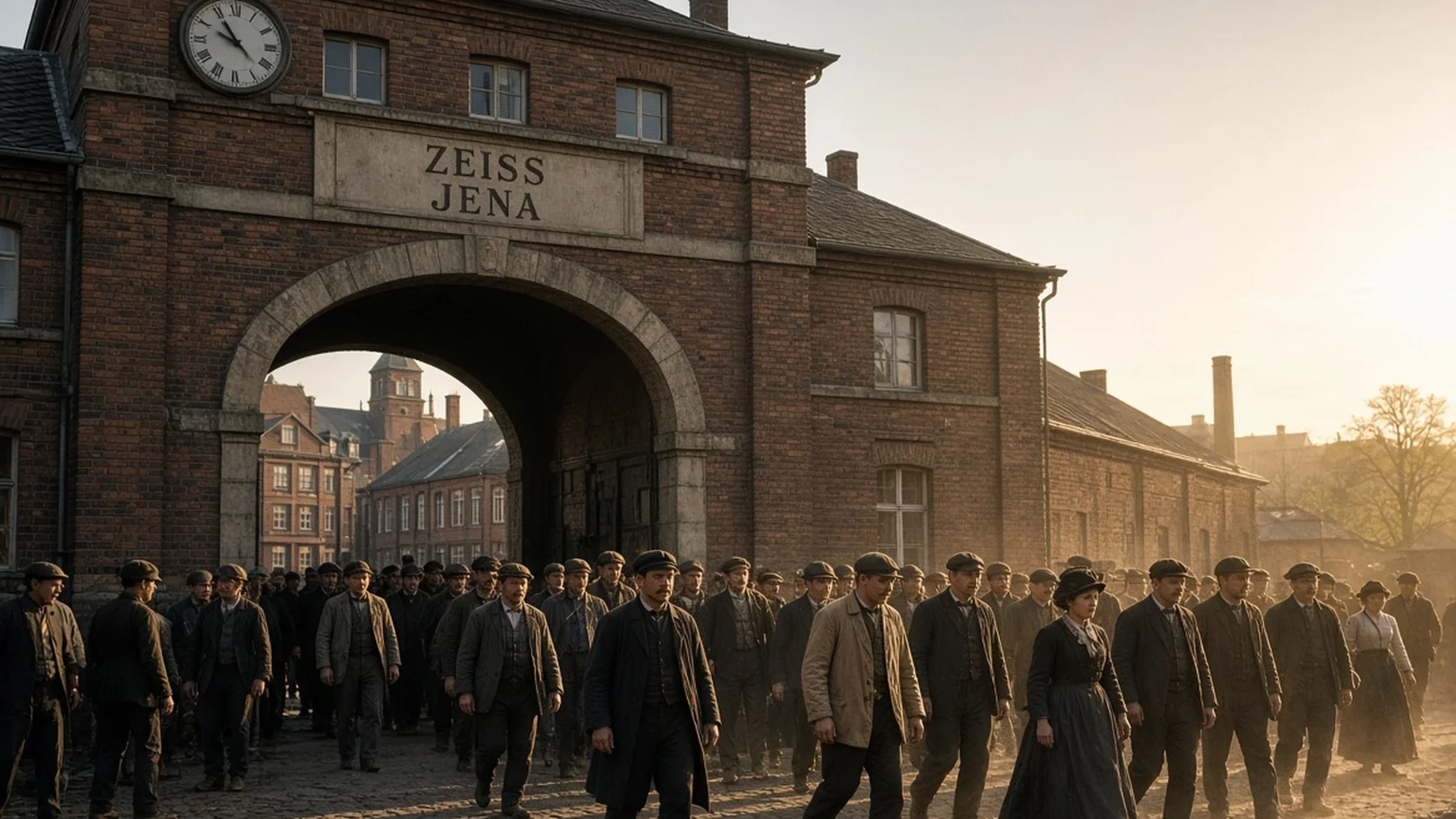 Crowd of early 20th-century workers in dark coats streaming out of the arched brick gate of Zeiss Jena factory at golden-hour dusk.