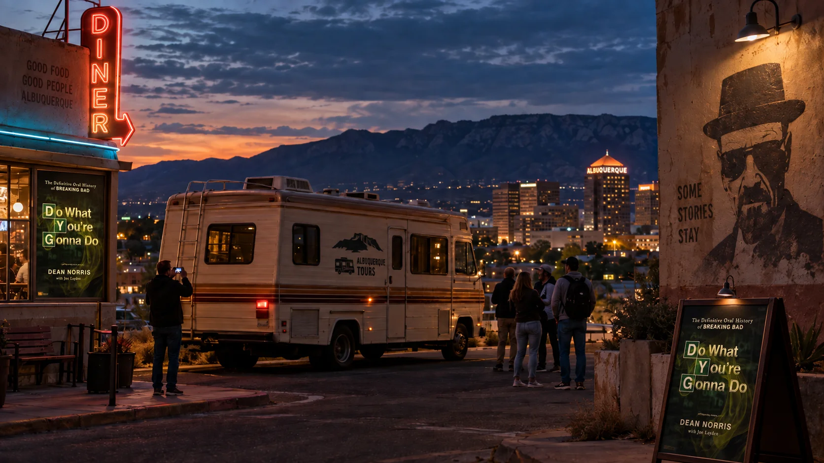 Albuquerque diner glows with neon at dusk as tourists photograph an RV beside a Heisenberg mural, city skyline and Sandia Mountains silhouetted at sunset.
