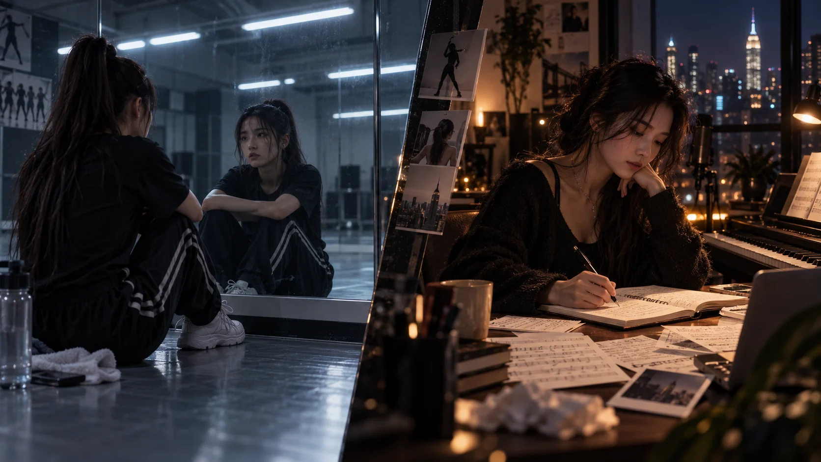 Young woman sits before a dance studio mirror left; right, she writes in a notebook by candlelight near a piano with a glowing city skyline behind her.