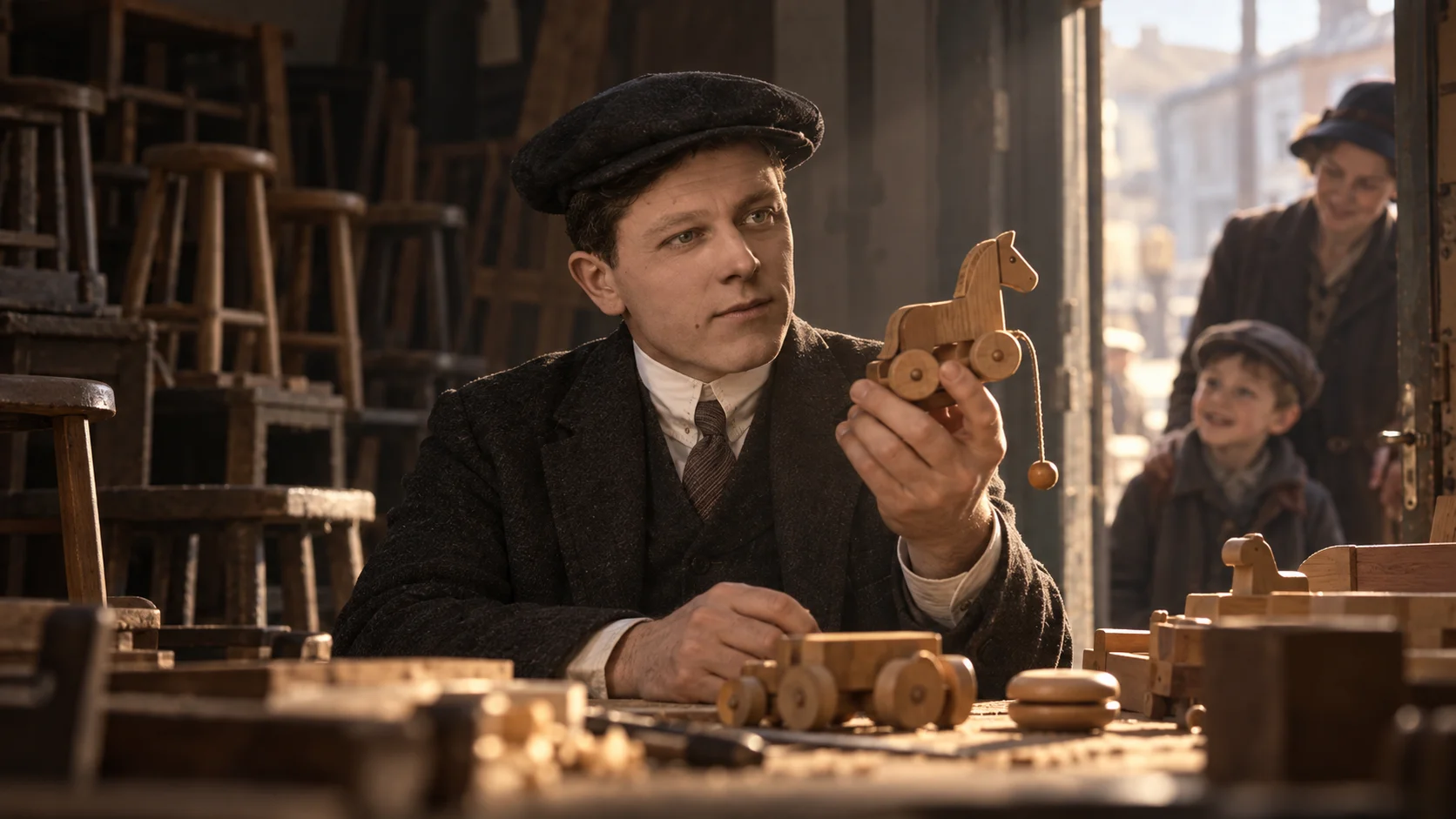 Period-dressed craftsman in flat cap examines a wooden toy horse in a warm workshop while a smiling child and adult watch from the doorway.