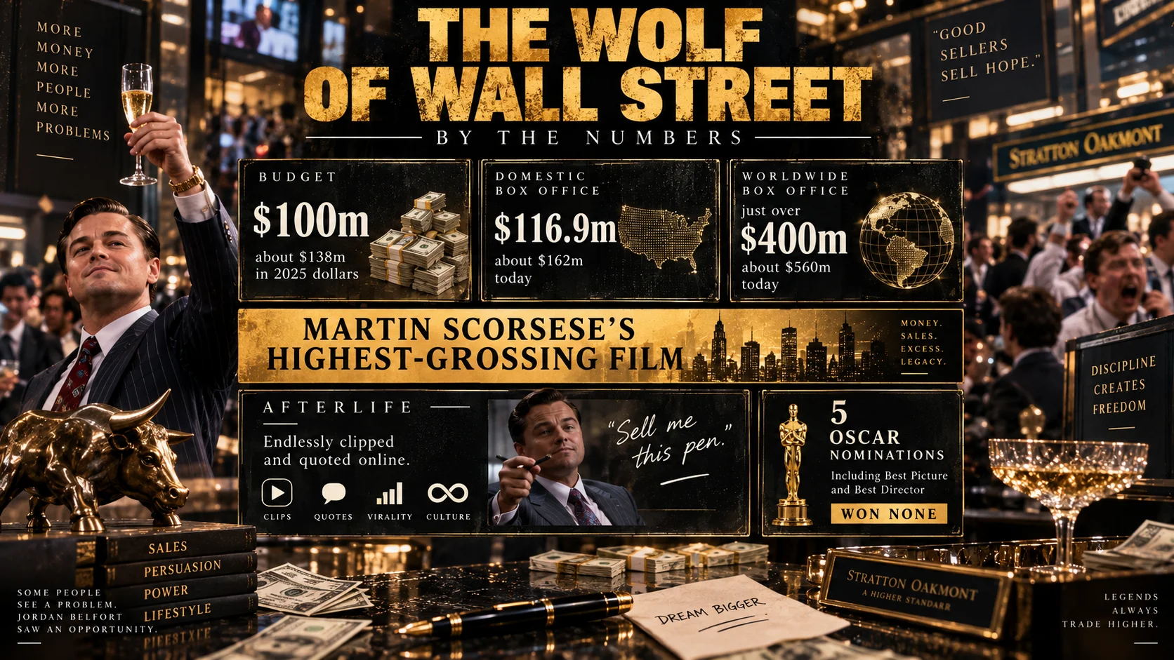 Gold-toned infographic on The Wolf of Wall Street featuring box office stats, Oscar nominations, and a suited man raising a champagne glass beside a golden bull
