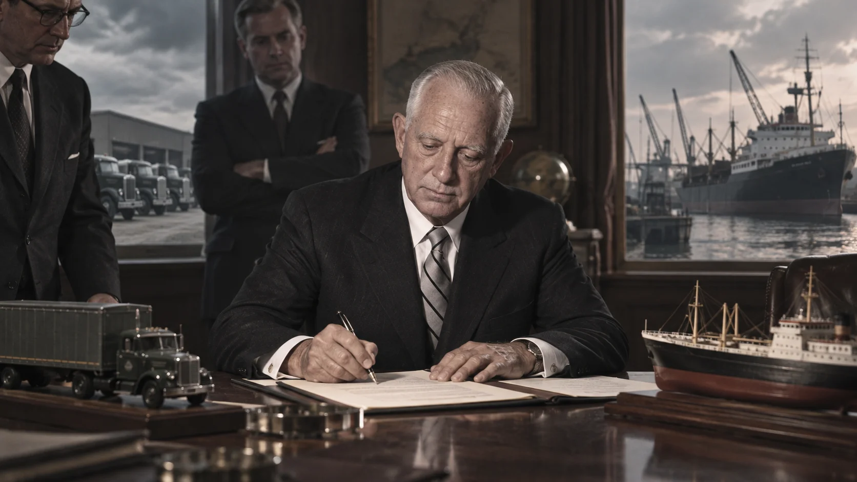 Silver-haired executive in a dark suit signs documents at a mahogany desk flanked by two advisors, with ship and truck models hinting at a vast shipping empire.