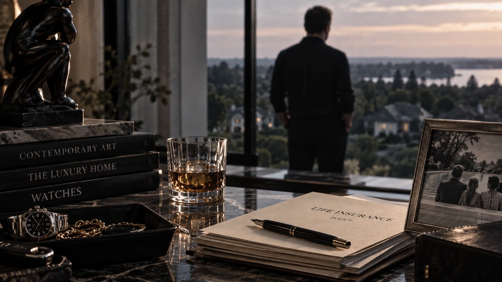 Moody dusk scene of a marble desk with a life insurance policy, whiskey glass, watch, and family photo, as a lone man gazes out a floor-to-ceiling window.