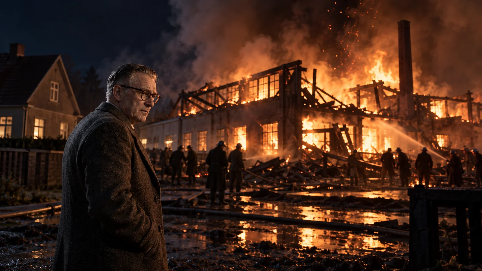 Grim-faced older man in a wool coat stands before a blazing collapsed building at night, firefighters silhouetted against towering flames and embers.