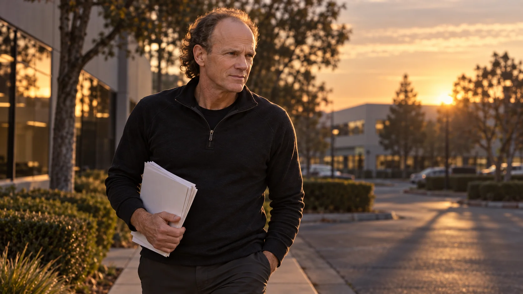 Middle-aged man in a black zip pullover carries a stack of papers while walking a suburban office-park sidewalk at golden-hour sunset, expression focused and so