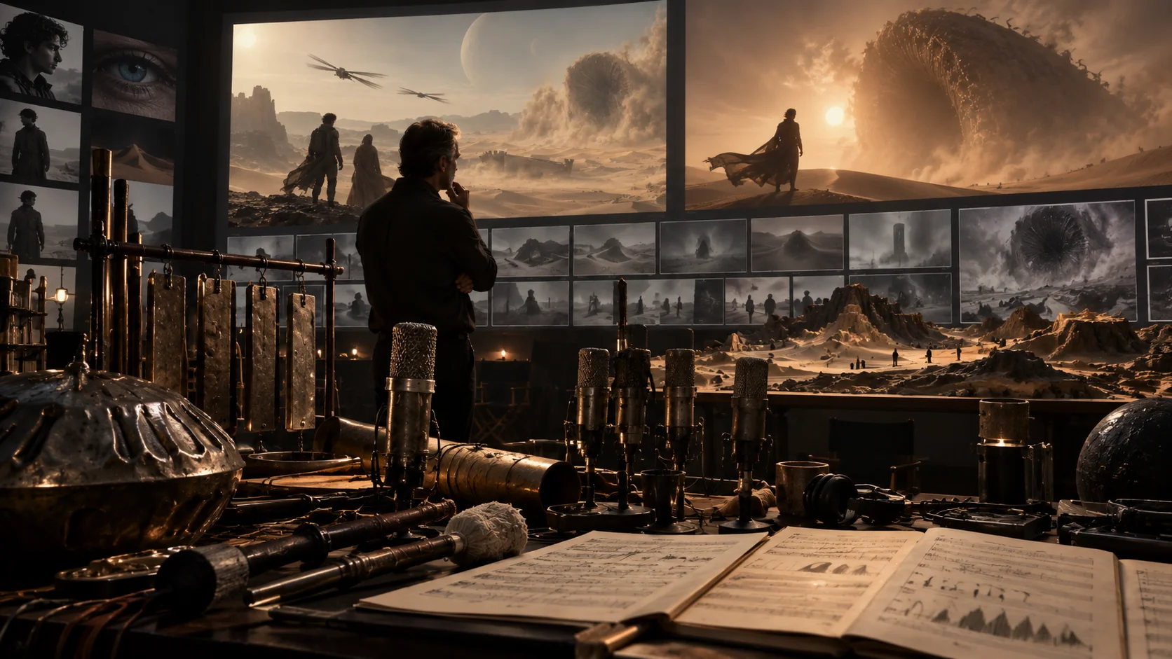 Composer stands before vast desert sci-fi film storyboards, surrounded by brass instruments, microphones, and sheet music in a dim, cinematic studio.