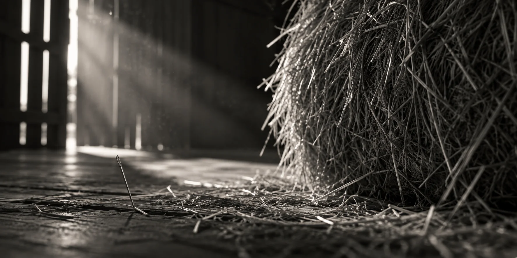 Small sewing needle standing upright on a dusty barn floor beside a hay bale, with dramatic rays of light cutting through dim, misty darkness.
