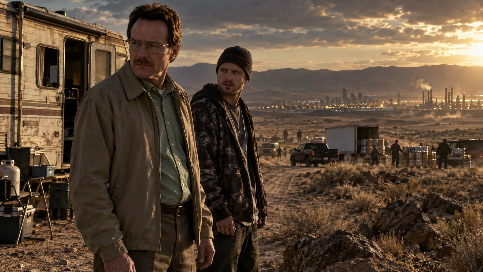 Two men stand in a dusty desert at golden hour beside a worn RV, with trucks, figures, and a glowing cityscape visible in the tense, cinematic background.