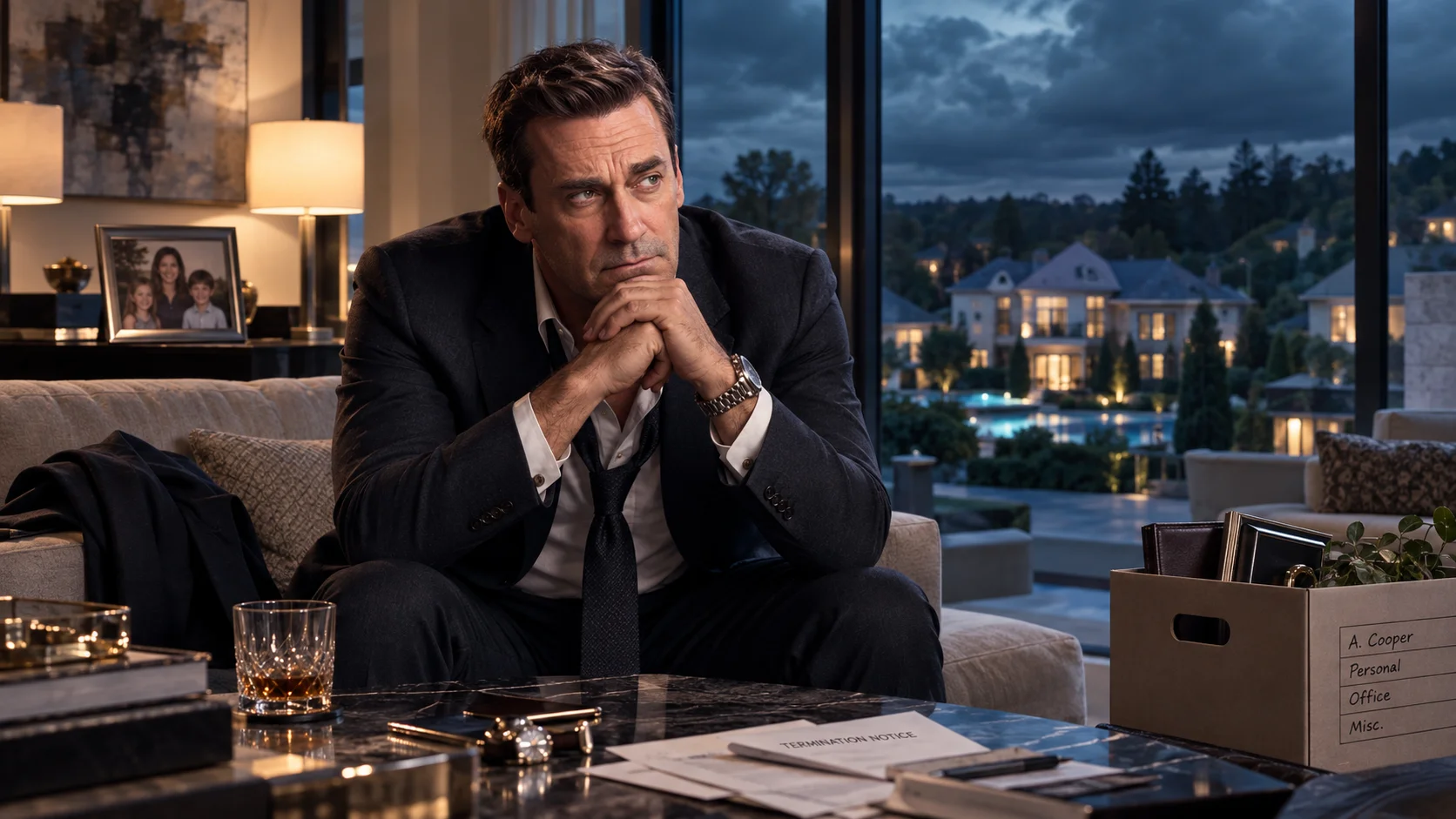 Suited man sits brooding on a sofa beside a termination notice, whiskey glass, and packed office box, with a lit mansion visible through stormy dusk windows.