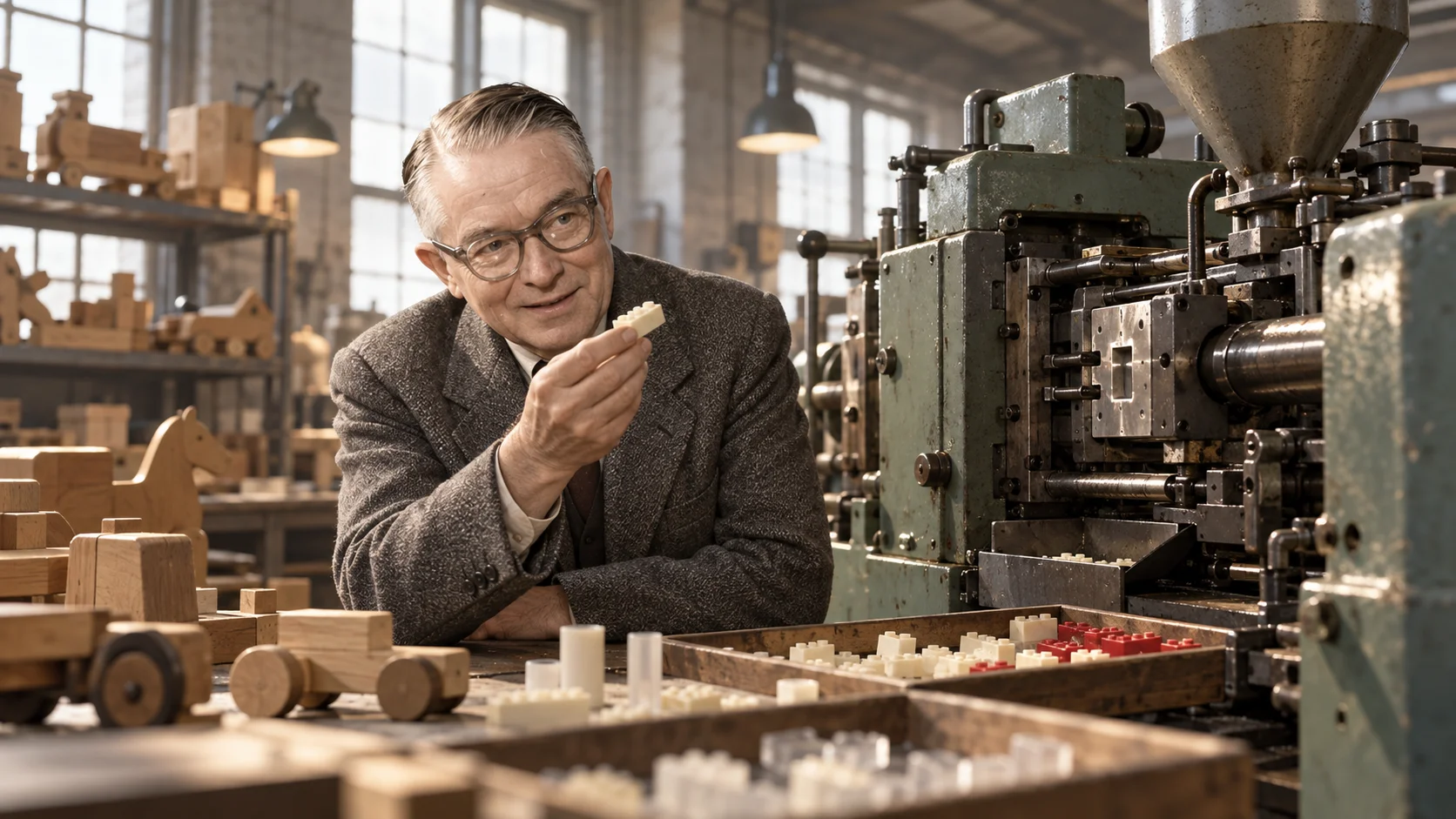 Middle-aged man in a tweed jacket examines a small plastic brick beside an injection moulding machine, surrounded by wooden toys in a warmly lit workshop.