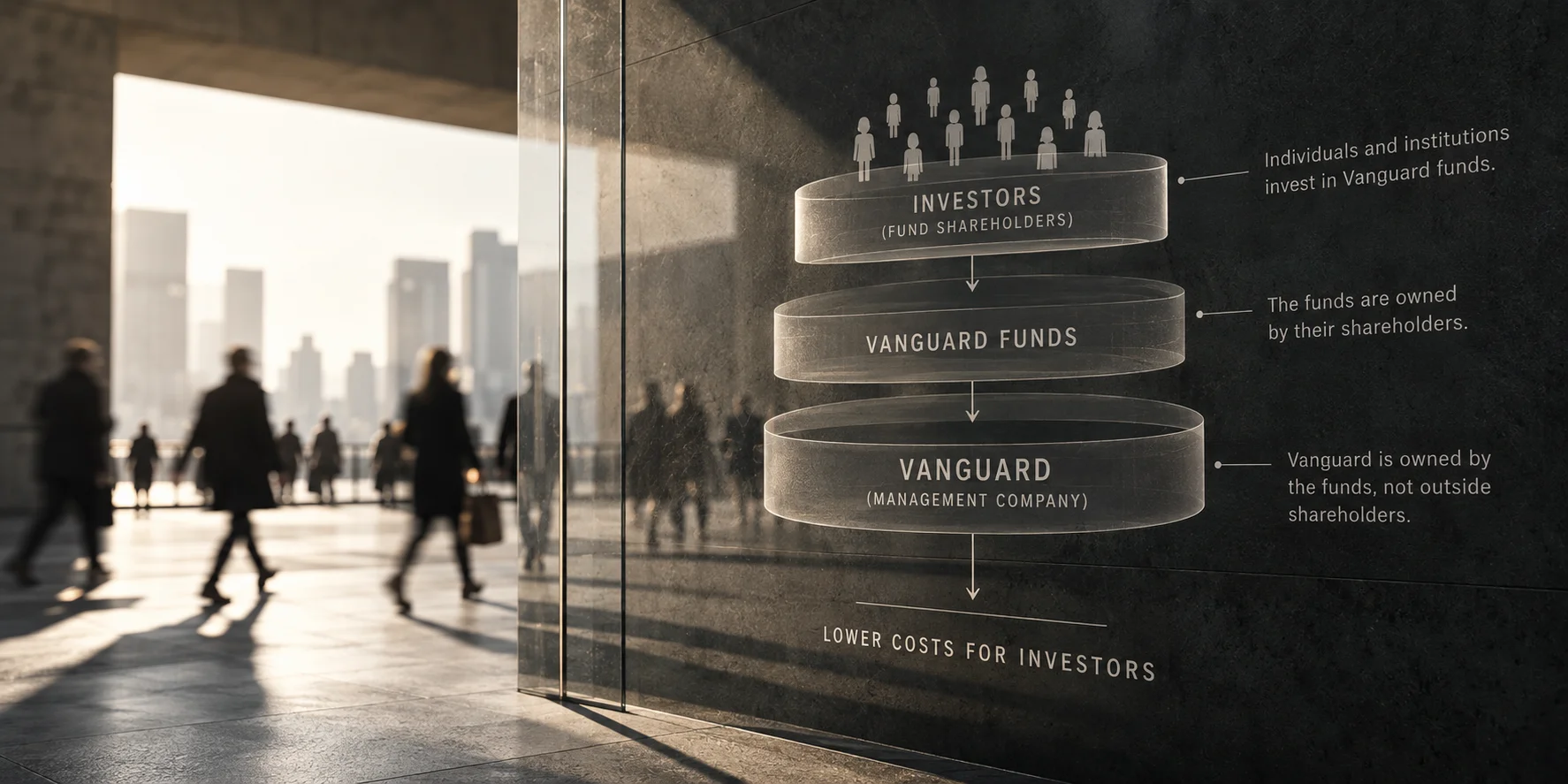 Dark wall displaying a layered funnel diagram of Vanguard's ownership structure beside a sun-drenched lobby with silhouetted commuters and a city skyline.