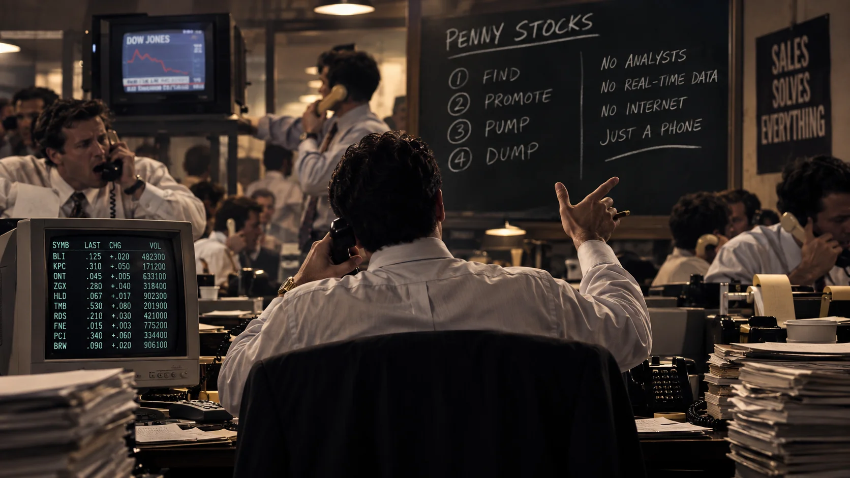 Chaotic boiler-room trading floor with brokers on phones, a retro stock terminal, and a chalkboard listing a penny-stock pump-and-dump scheme.