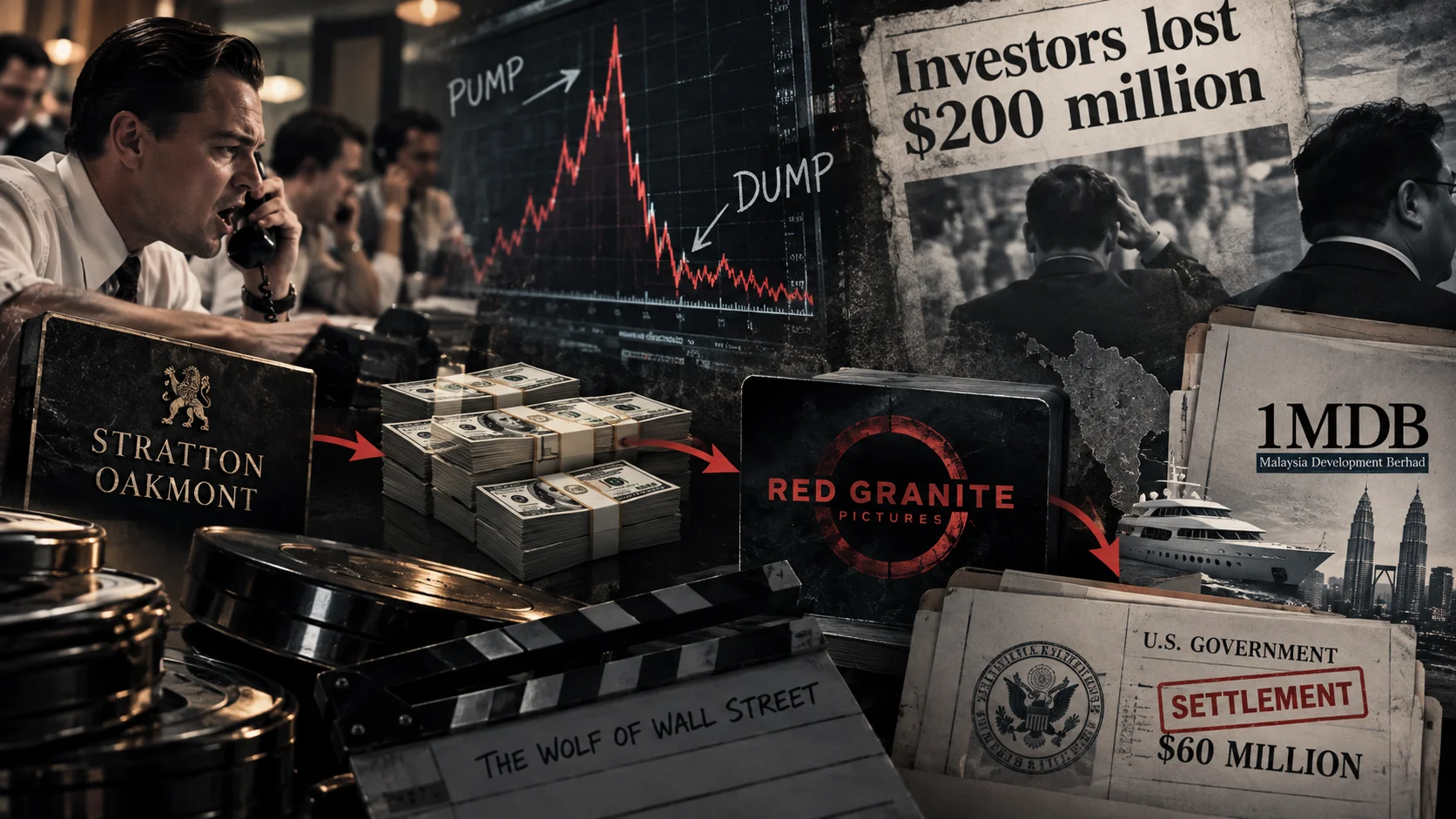 Composite collage linking Stratton Oakmont, cash stacks, Red Granite Pictures, and 1MDB via red arrows, alongside a pump-and-dump chart and a $60M U.S. settleme