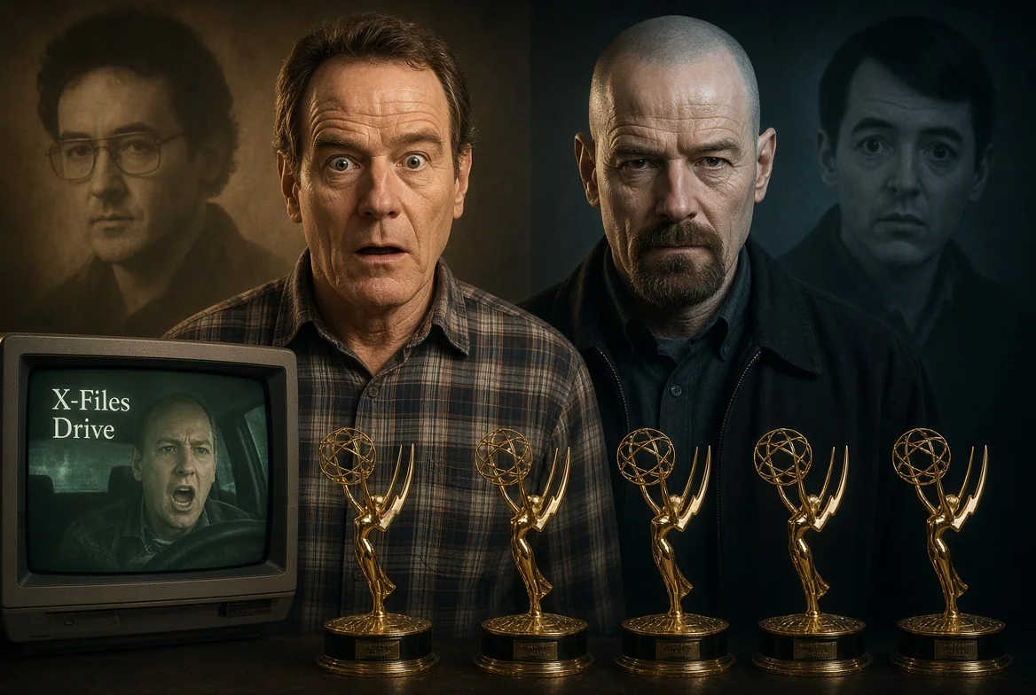 Two men with contrasting expressions stand before shadowy portraits, flanked by five Emmy statuettes and a vintage TV labeled X-Files Drive.