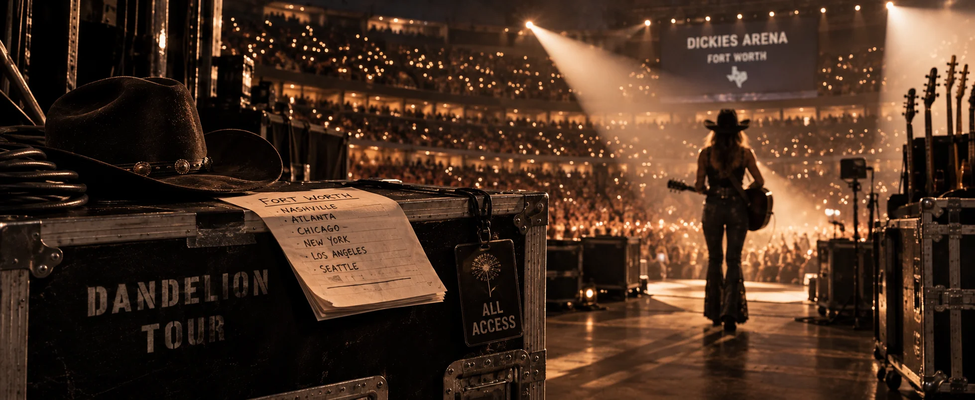 Guitarist silhouetted before a packed Dickies Arena crowd, with a "Dandelion Tour" road case and handwritten setlist in the warm-lit foreground.