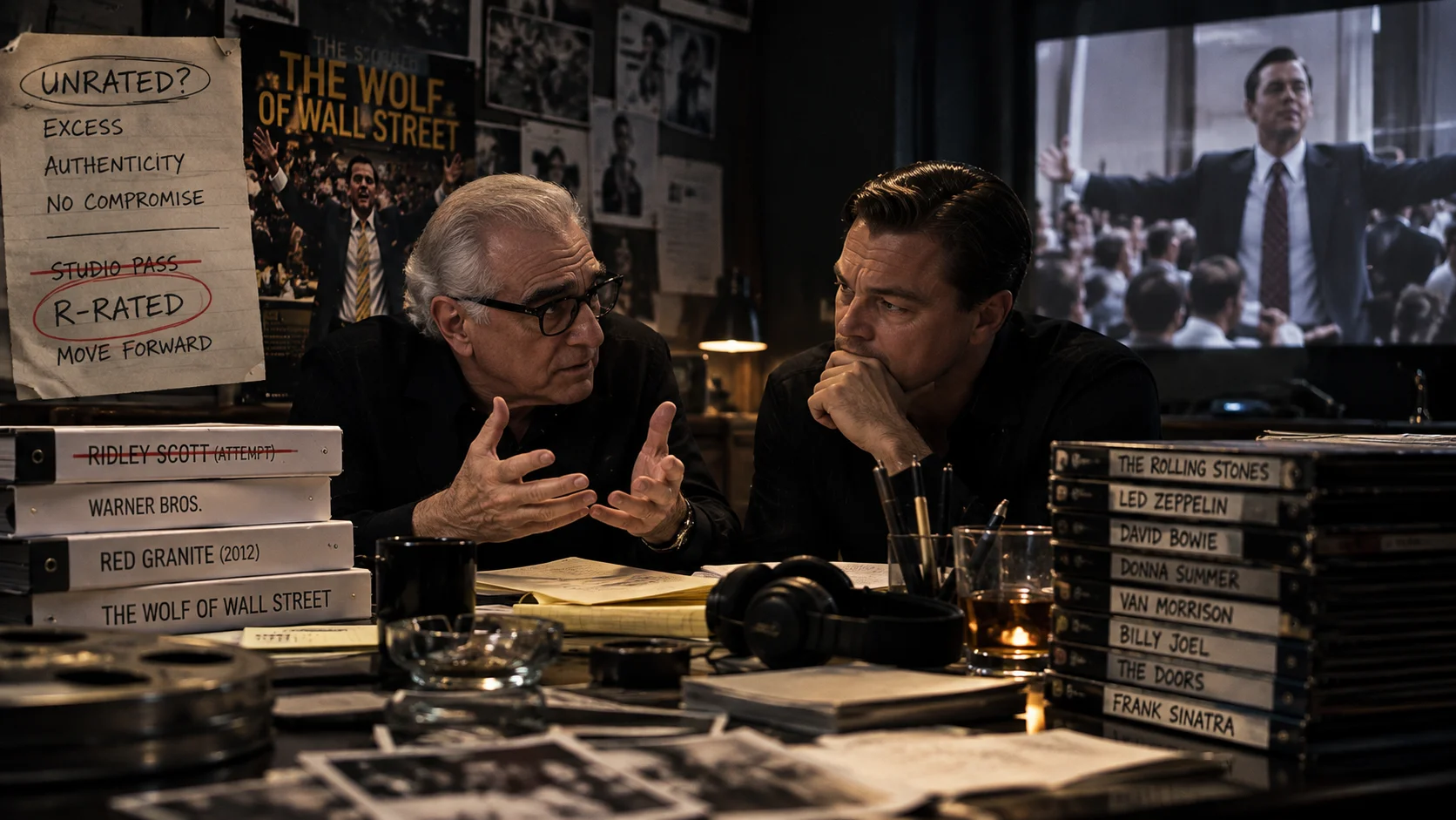 Two men in dark clothing huddle over a cluttered desk with film reels, scripts, and notes labeled "R-Rated" and "Wolf of Wall Street" as a movie plays behind th