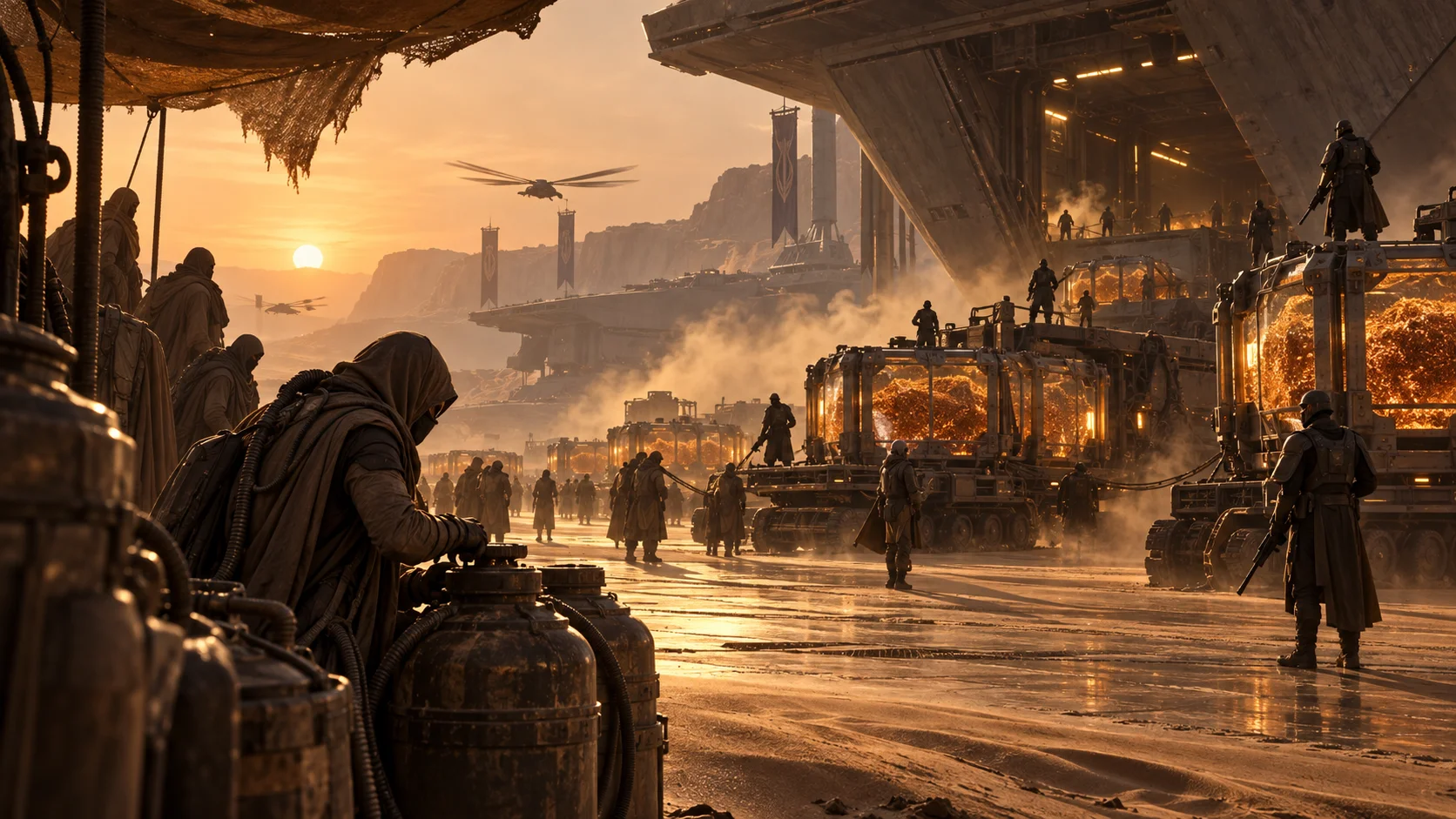Sci-fi desert outpost at golden sunset with cloaked workers, glowing ore-filled transports, massive ships, and armed guards amid steam and dust.