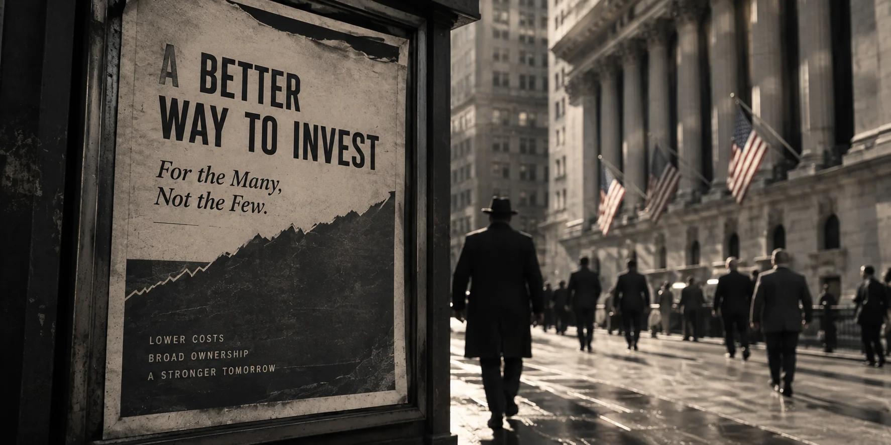 Vintage poster reading "A Better Way To Invest" mounted near Wall Street as suited figures walk toward a columned exchange building flying American flags.