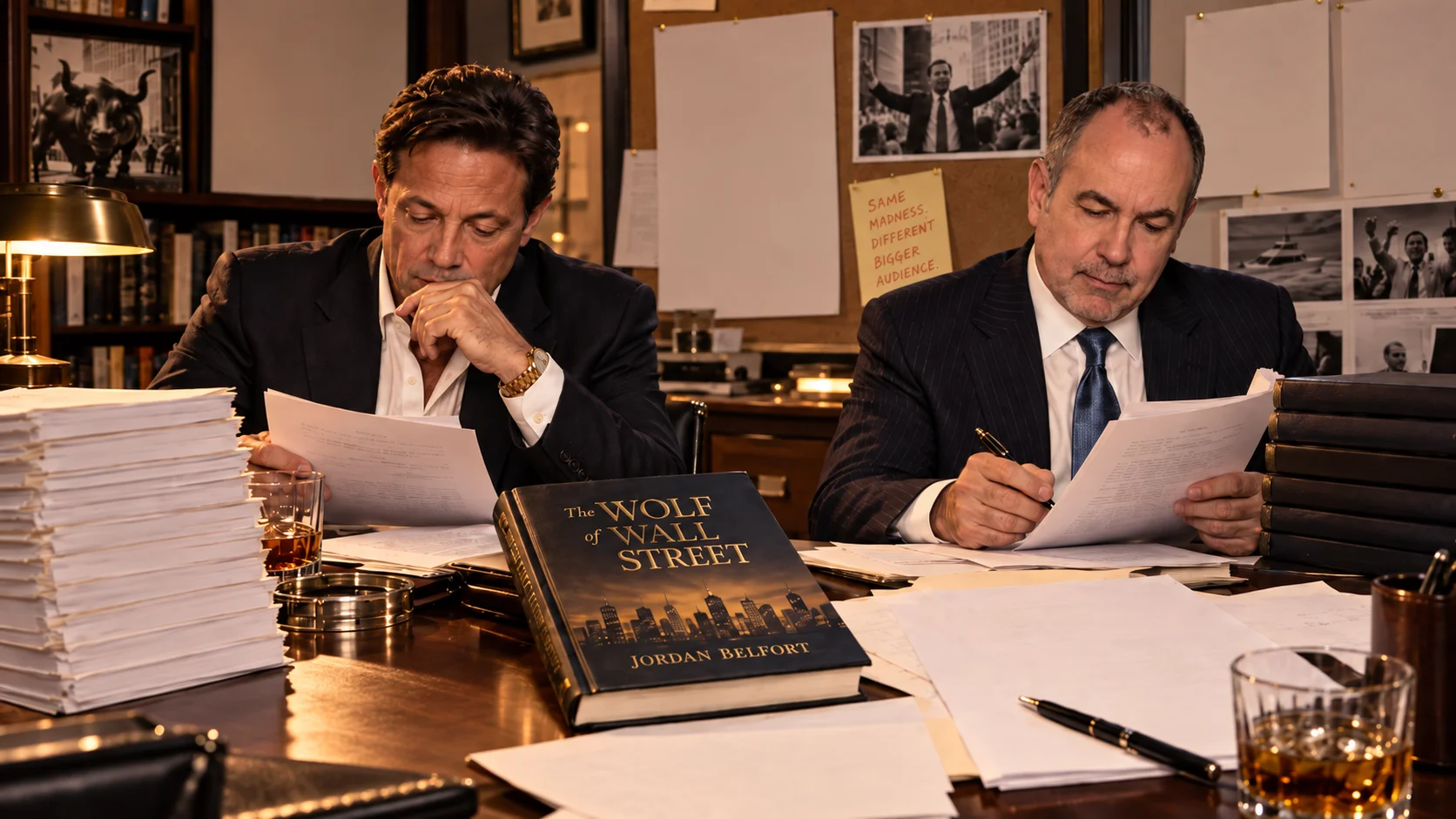Two suited men review documents at a cluttered desk beside Jordan Belfort's book, whiskey glasses, and a corkboard reading "Same madness, different bigger audie