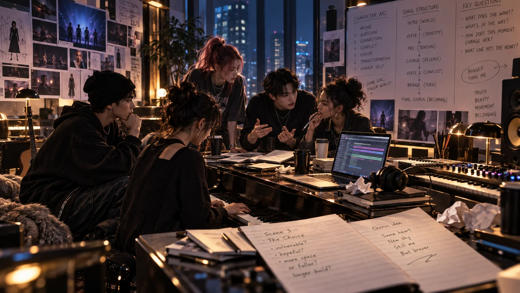 Four musicians huddle around a piano at night, debating over handwritten lyrics, a laptop DAW, and whiteboards mapping song structure and character arcs.