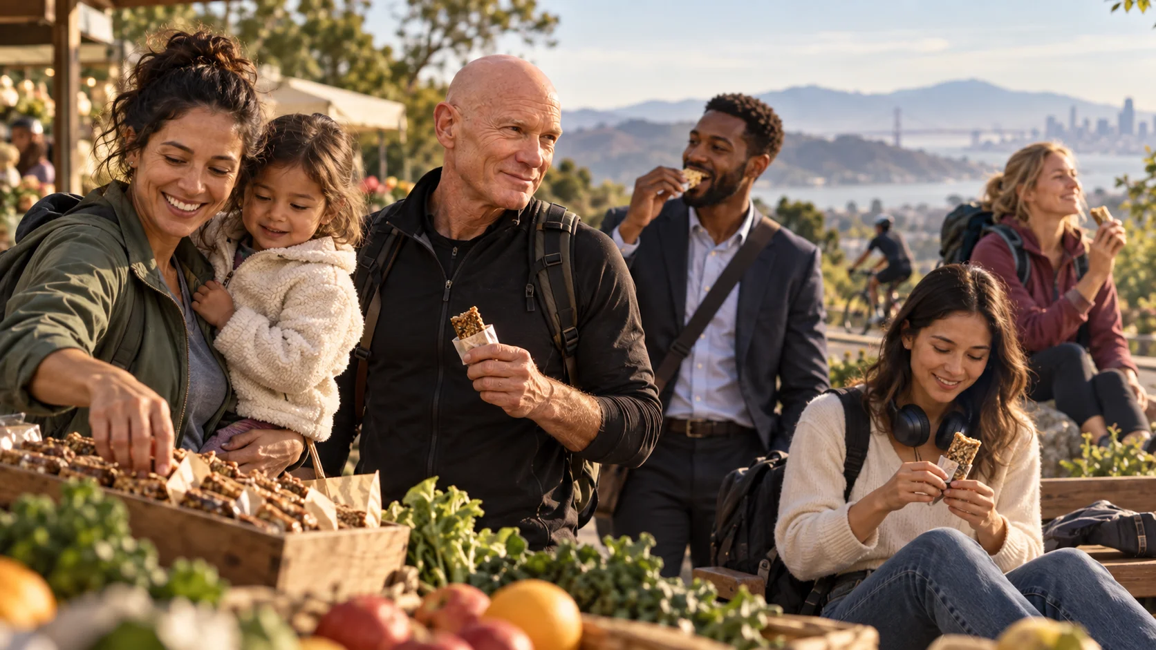 Diverse group of smiling people eating snack bars at a sunny outdoor market, with a city skyline and bridge visible in the warm hazy background.