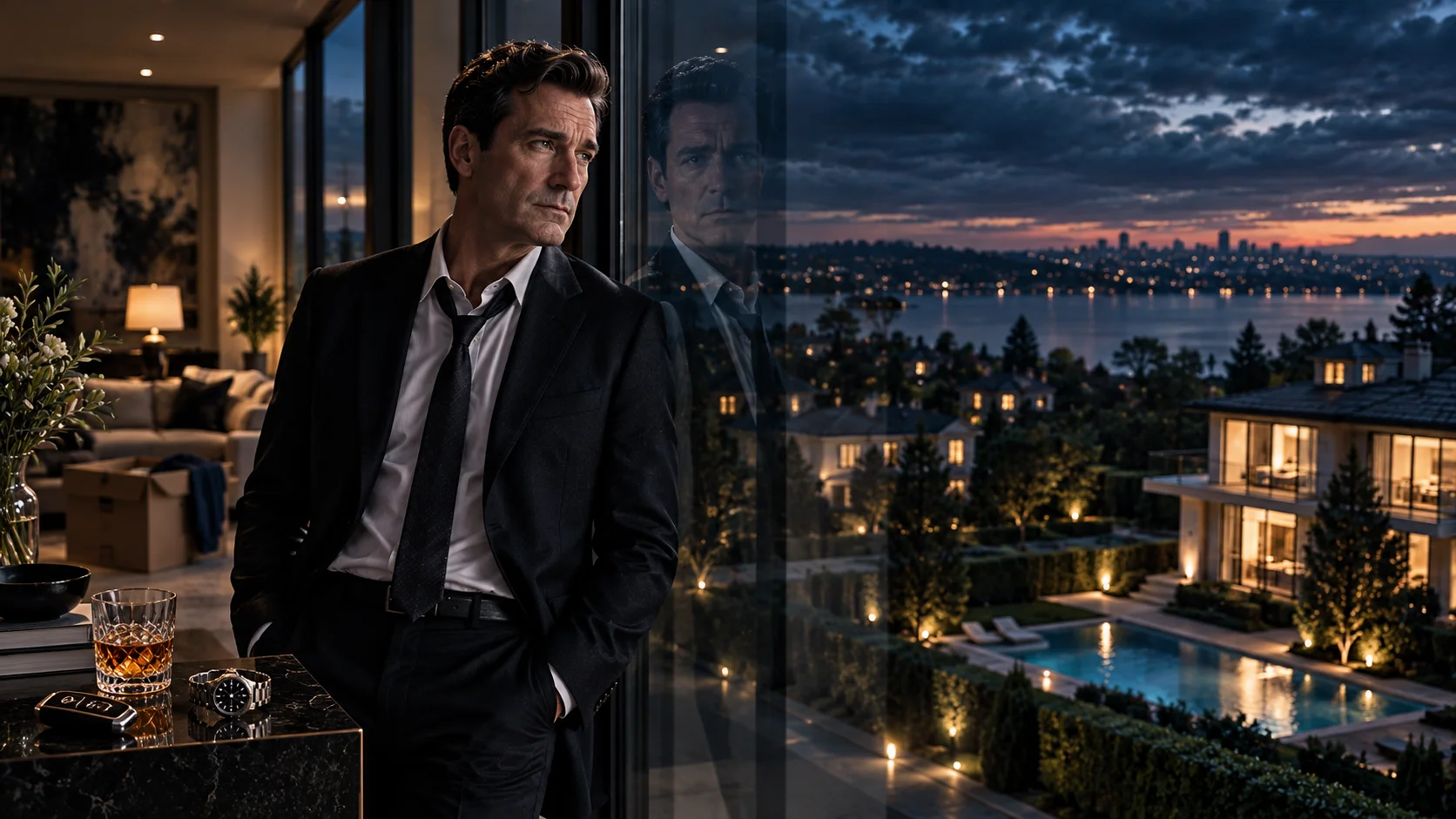 Suited man gazes pensively from a luxury penthouse at dusk, his reflection in floor-to-ceiling glass overlooking an illuminated estate with a pool.