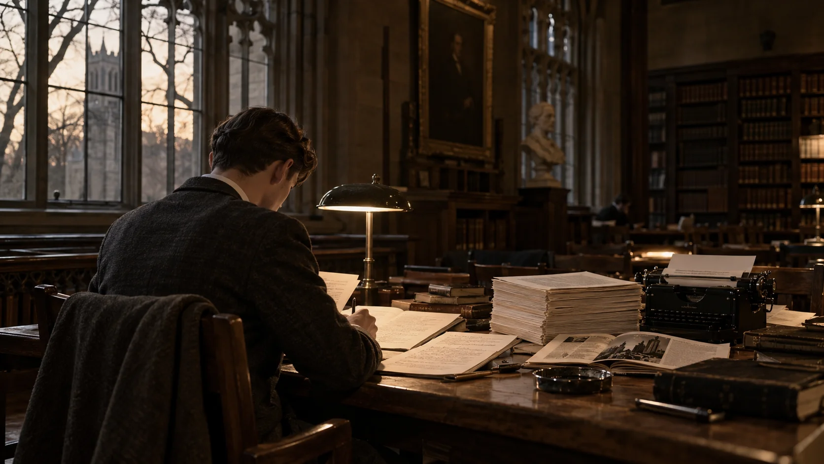 Scholar writing by lamplight in a grand wood-panelled library at dusk, surrounded by stacked papers and a vintage typewriter, evoking solitary obsession.