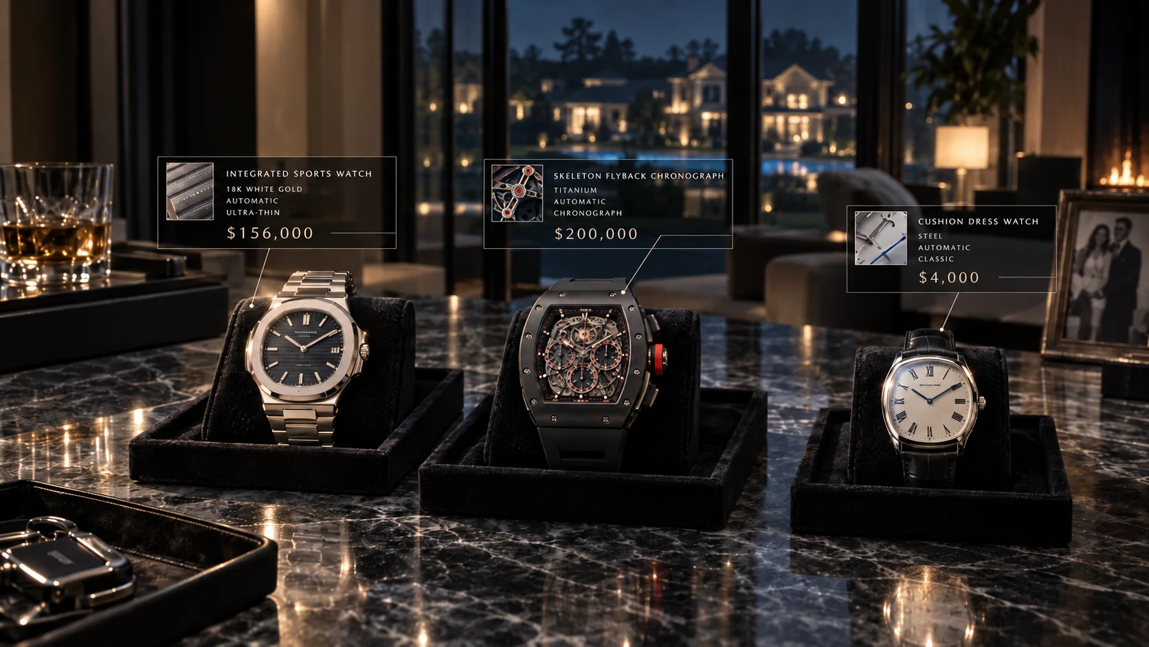 Three luxury watches on velvet display trays atop a dark marble surface, with price overlays ranging from $4K to $200K and a lit mansion visible through floor-t