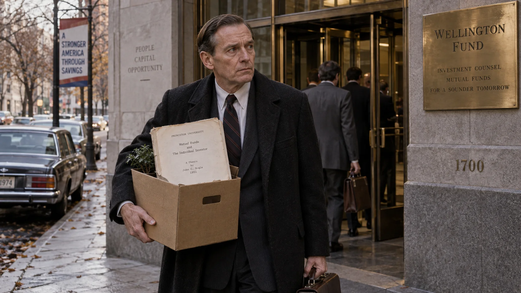 Suited man carries a cardboard box and briefcase away from the Wellington Fund building, expression grim, evoking a period dismissal scene on a grey city street