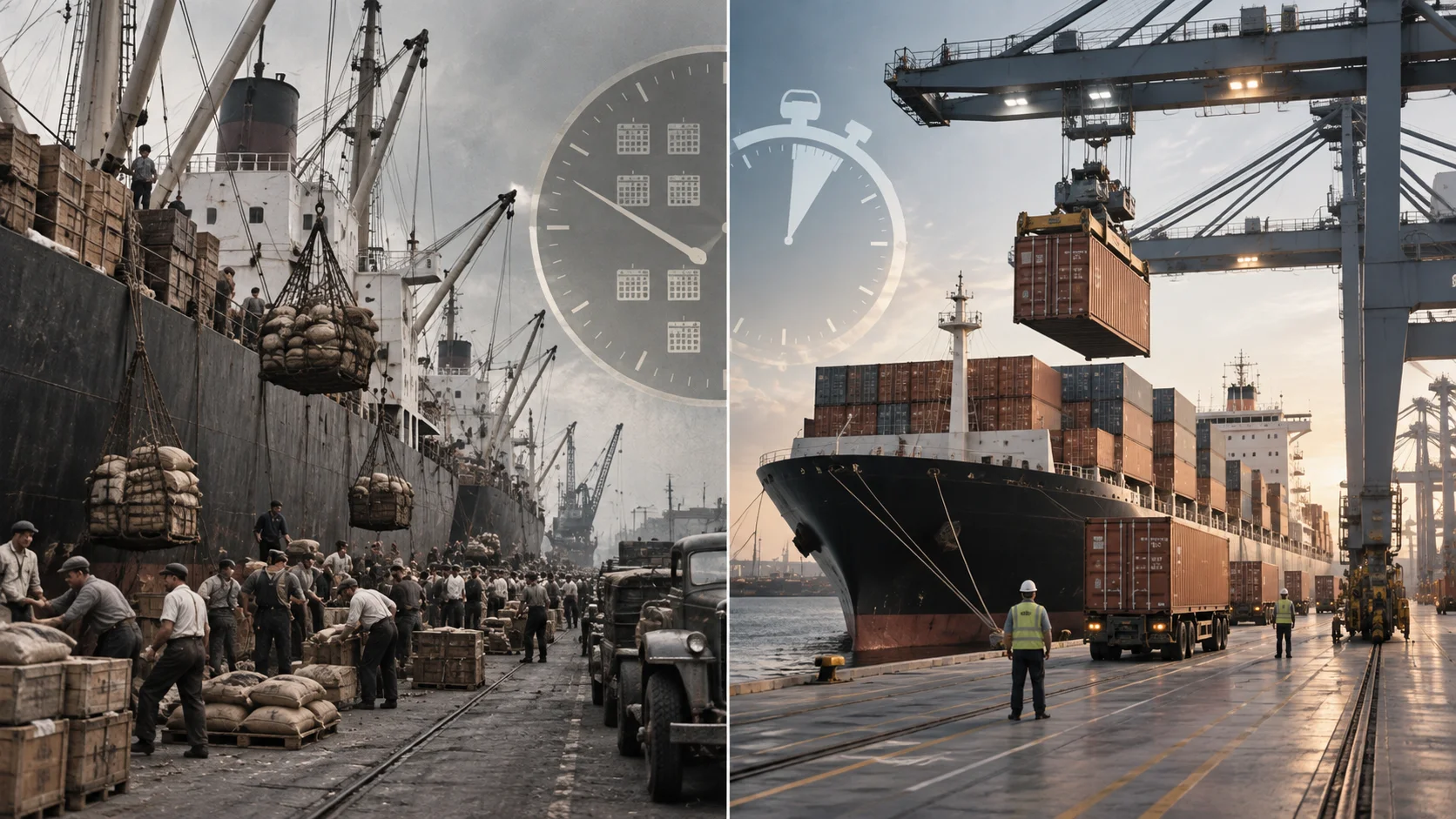 Split-panel comparison of historic dockworkers hand-loading cargo ships beside a modern port with cranes lifting steel containers, overlaid with clock icons.