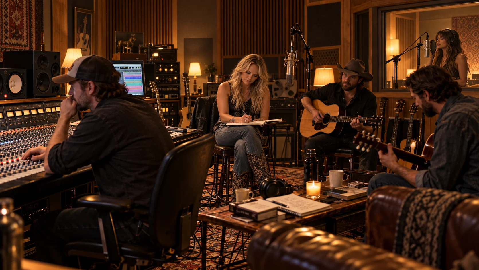 Four musicians collaborate in a warmly lit recording studio, with a producer at the mixing board, guitarists playing, and a songwriter writing in a notebook.