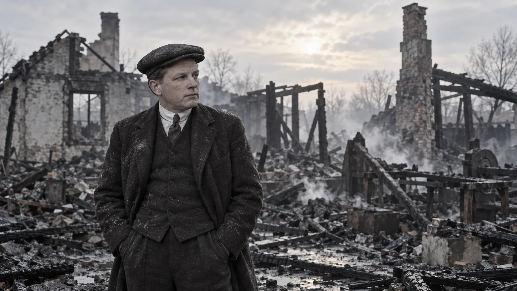 Somber man in a flat cap and overcoat stands amid smoldering ruins of burned buildings under a grey sky, evoking loss and quiet resilience.