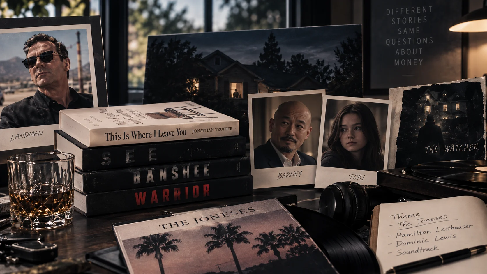 Moody desk flat lay featuring stacked TV show books, polaroid portraits labeled Barney and Tori, a whiskey glass, vinyl record, and handwritten notes.