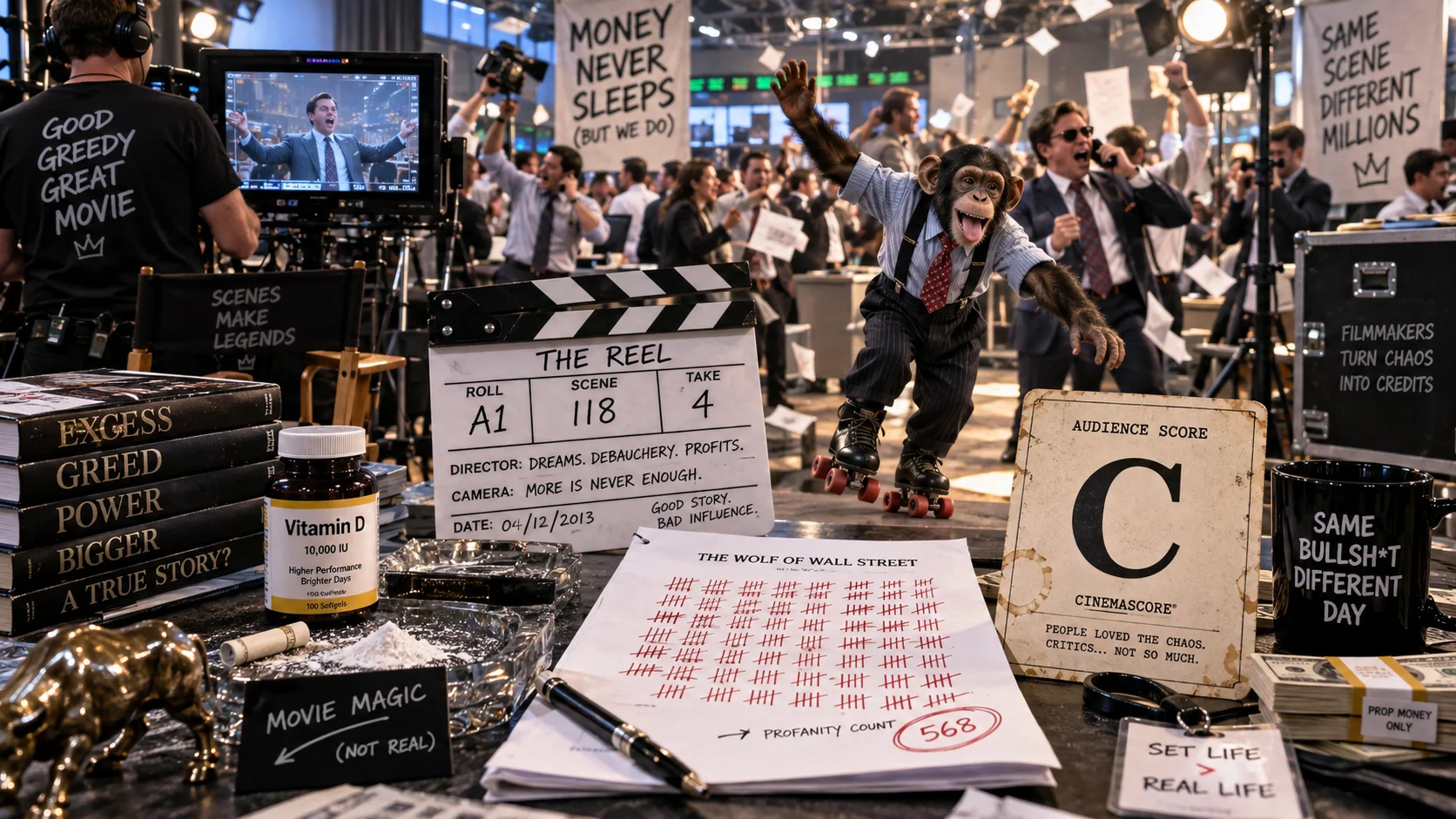 Chaotic movie set parody with a roller-skating chimp in a suit, clapperboard, profanity tally sheet, and humorous signs referencing Wall Street excess and filmm