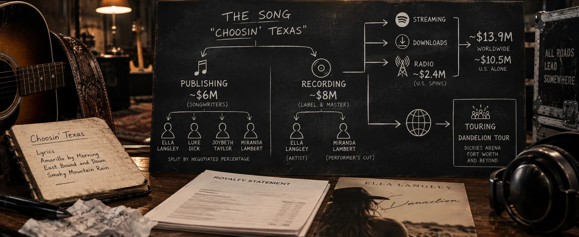 Chalk-style music revenue flowchart for "Choosin' Texas" on a dark board, flanked by a guitar, handwritten lyrics notebook, royalty statement, and headphones on