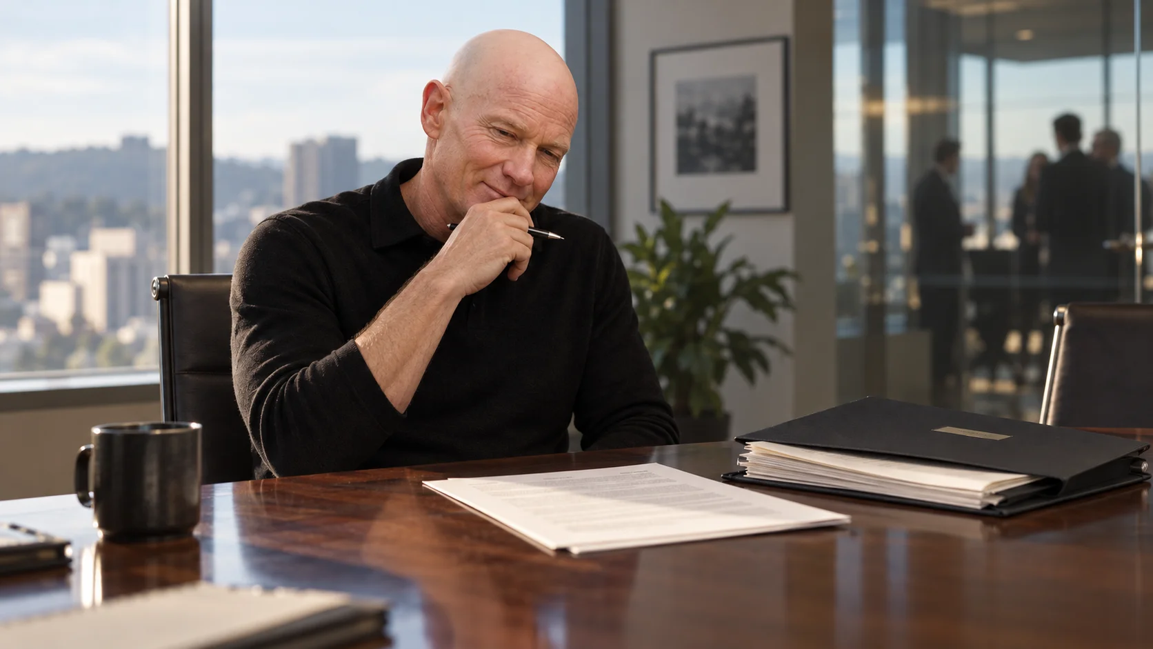 Bald man in black smirks pensively at documents on a mahogany desk, pen to chin, in a sunlit high-rise office with a city skyline behind him.