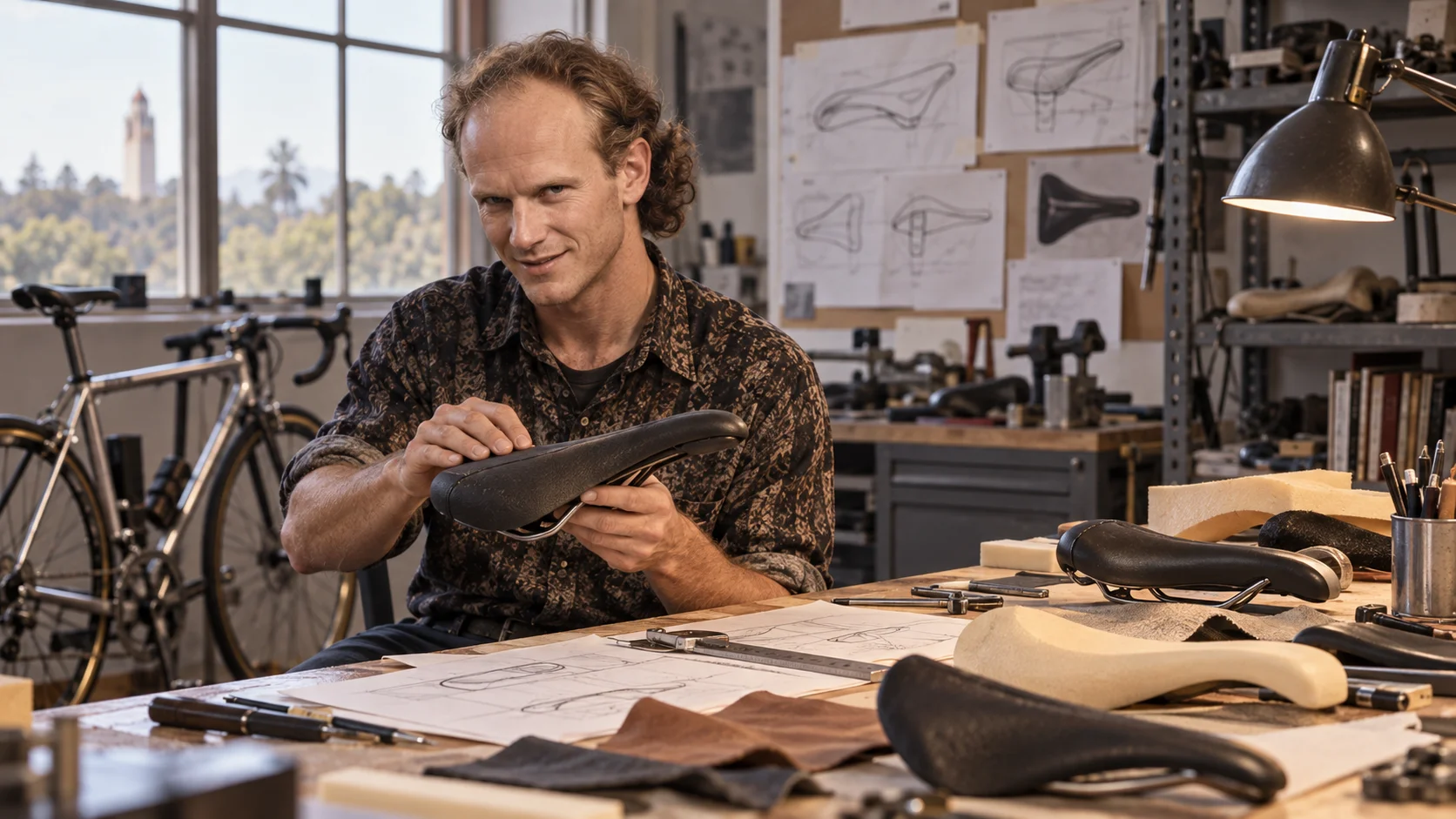 Curly-haired craftsman examines a leather bicycle saddle at a workshop desk scattered with tools, sketches, and prototype saddles, a road bike visible behind hi